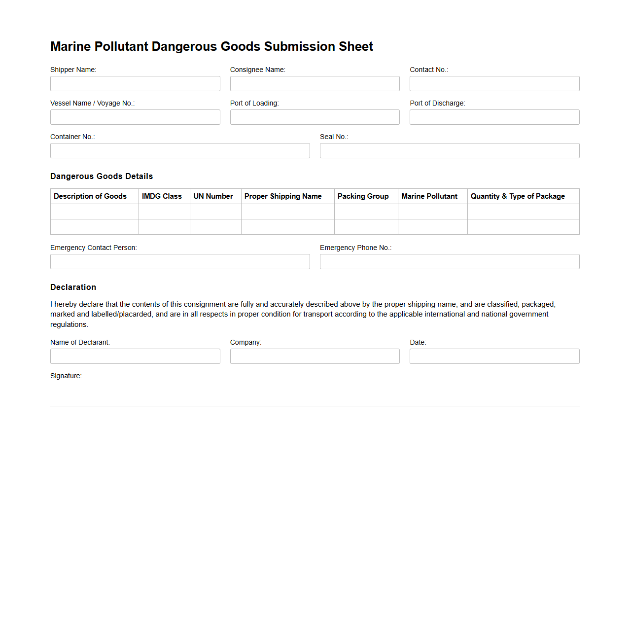 Marine Pollutant Dangerous Goods Submission Sheet