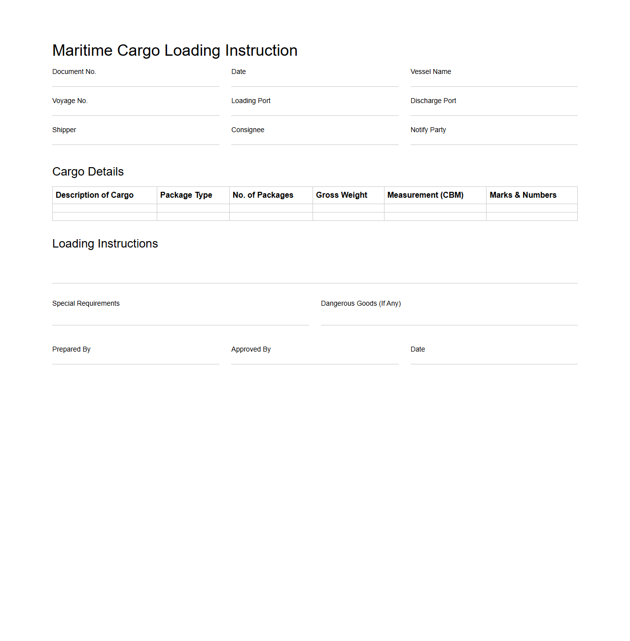 Maritime Cargo Loading Instruction Template