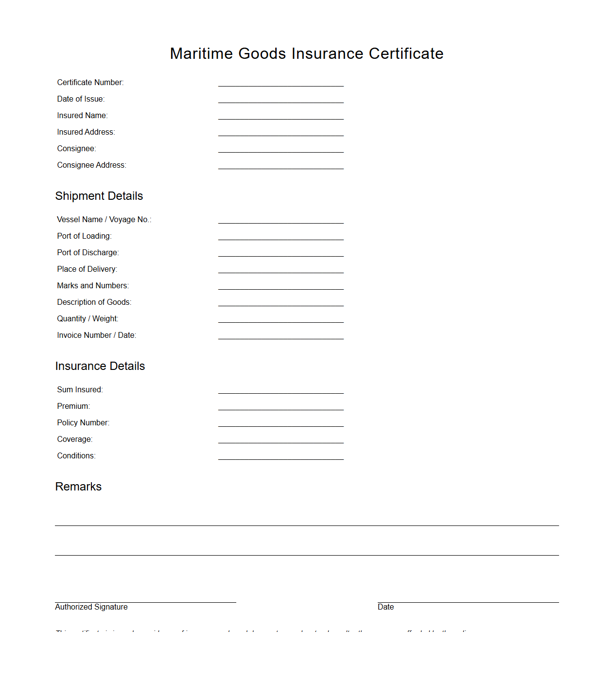 Maritime Goods Insurance Certificate Template