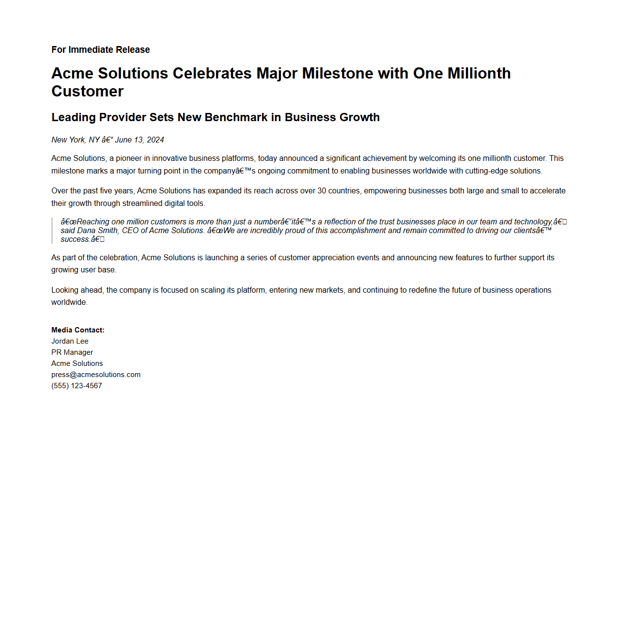 Marketing Milestone Press Release Example for Business Achievements