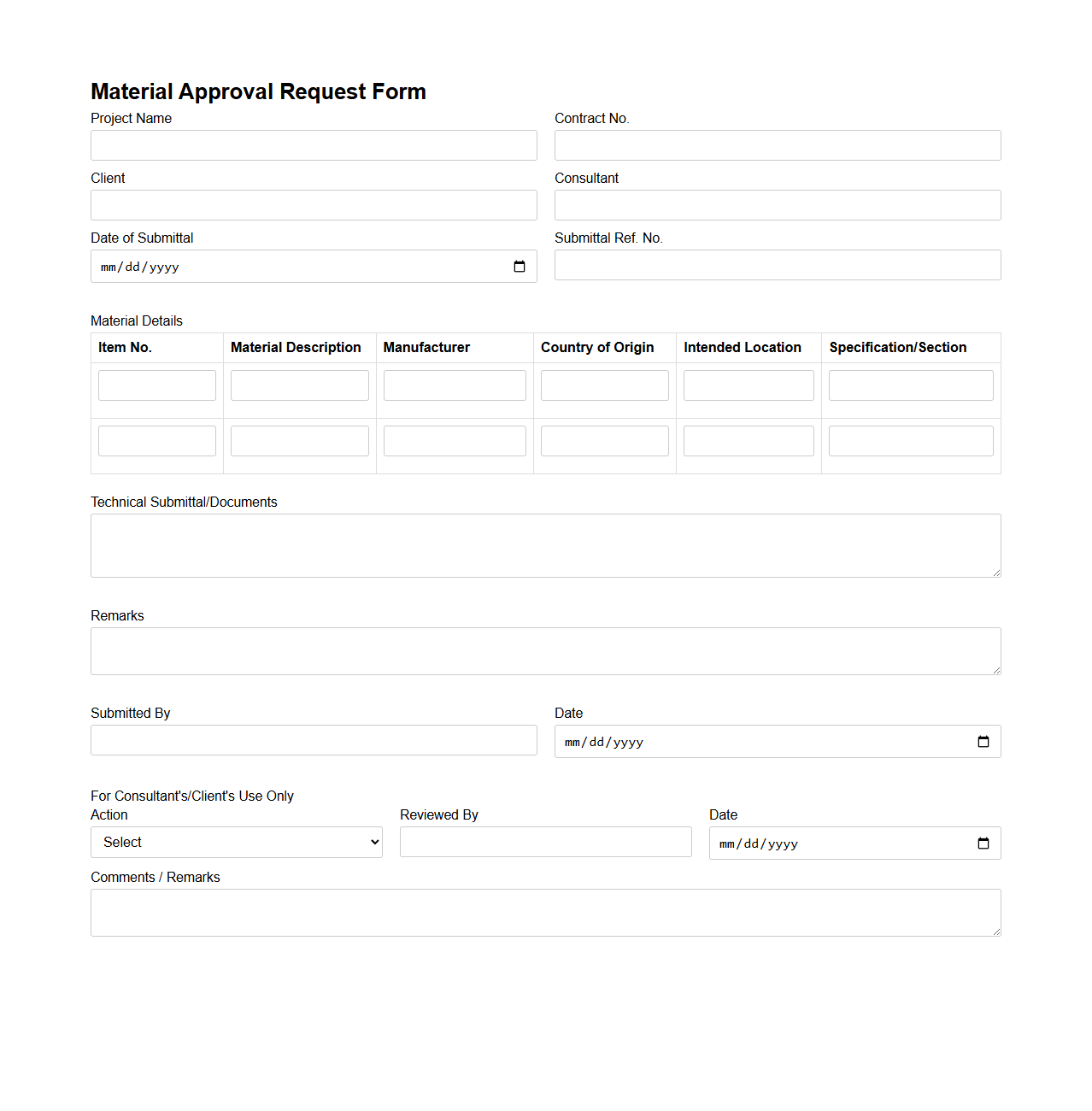 Material Approval Request Form for Construction