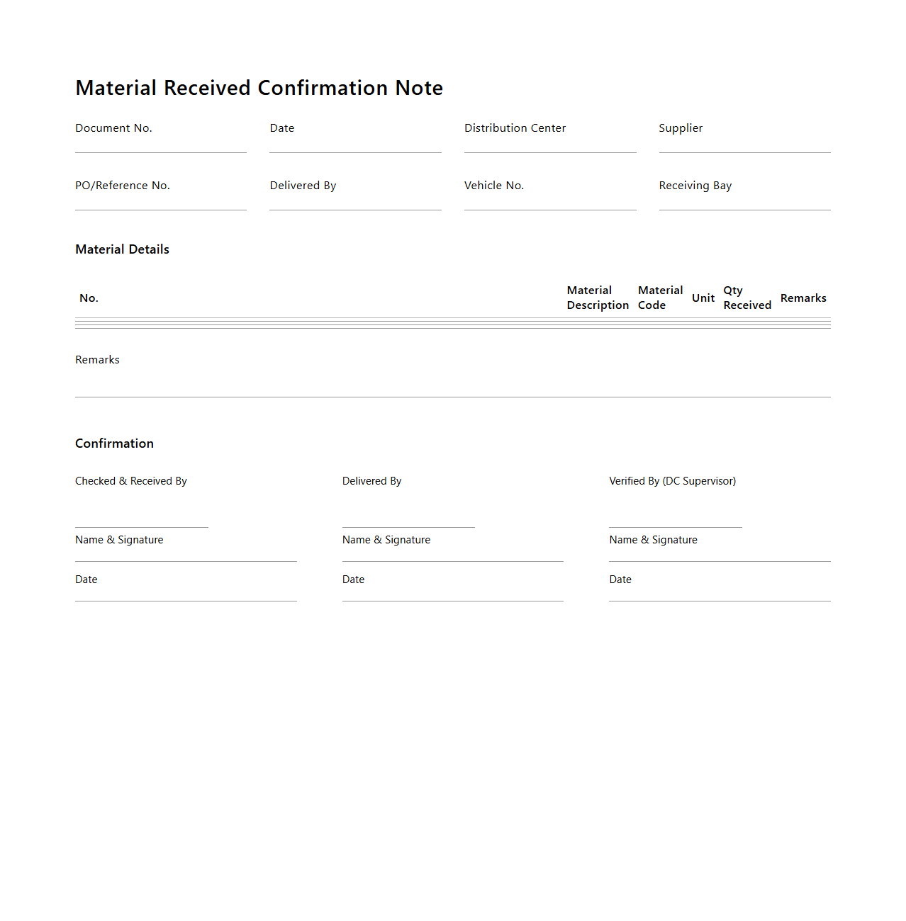 Material Received Confirmation Note for Distribution Centers