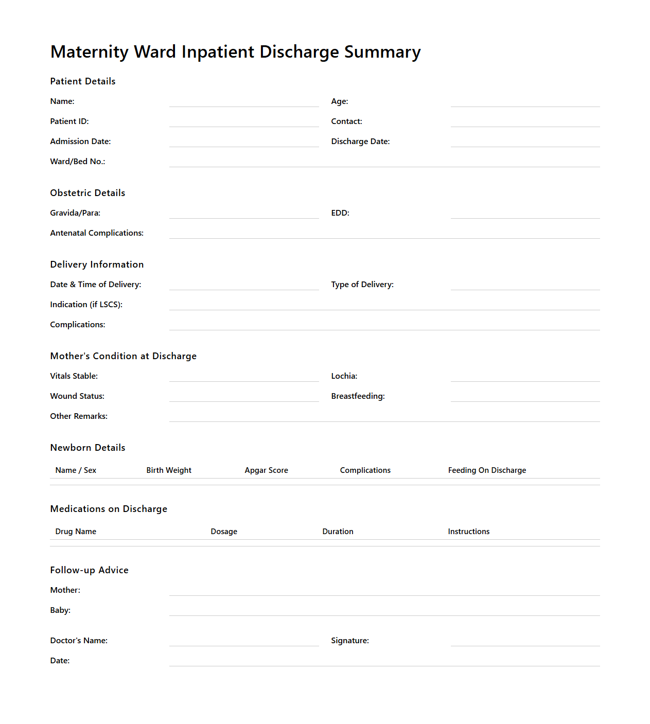 Maternity Ward Inpatient Discharge Summary Layout
