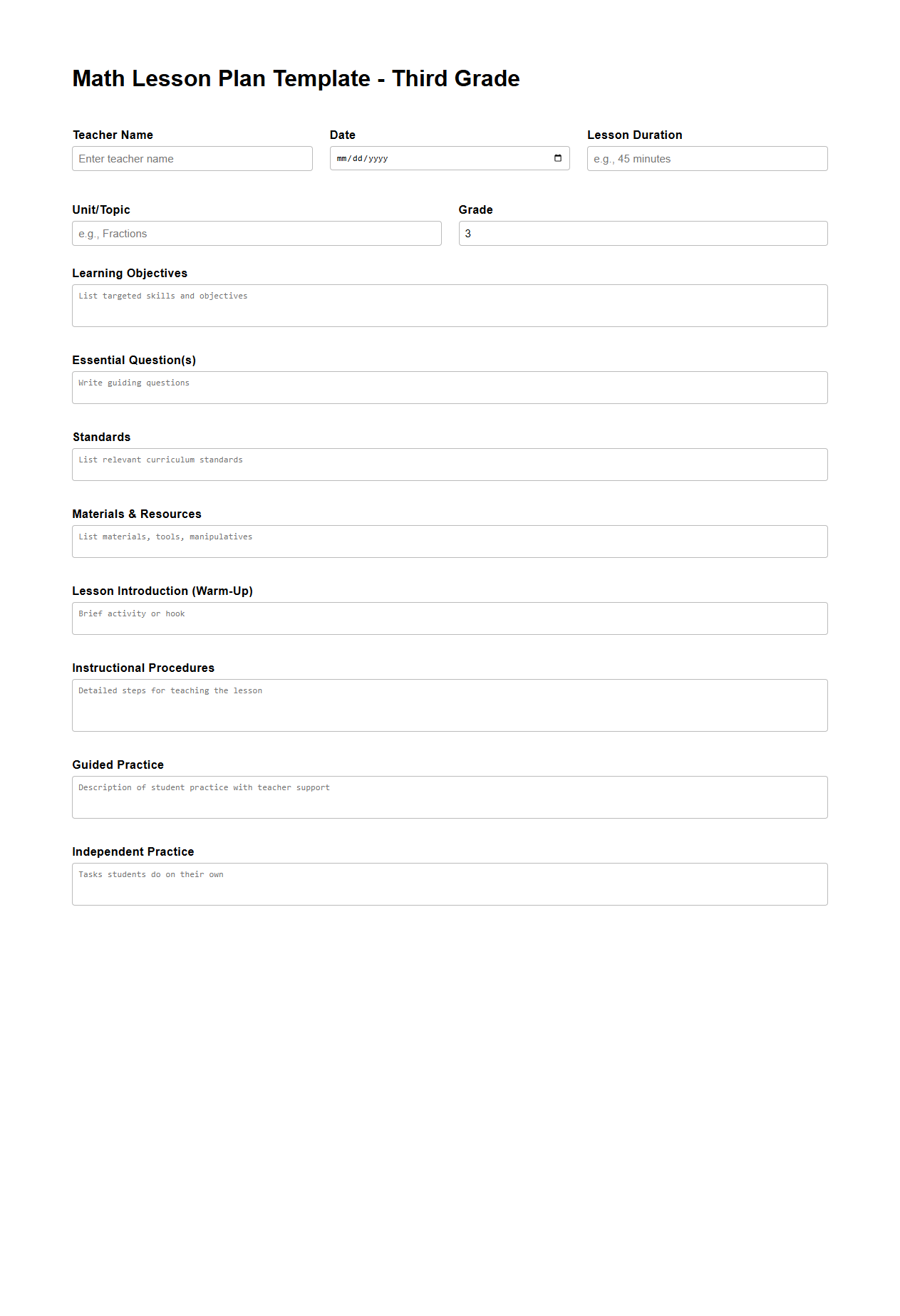 Math Lesson Plan Template for Third Grade