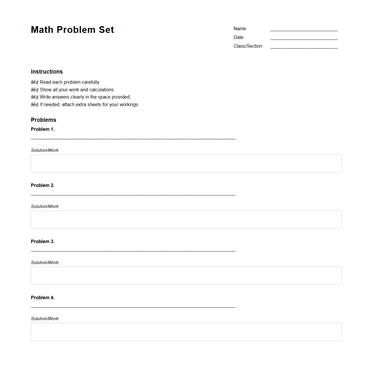 Math Problem Set Assignment Template for Secondary Students