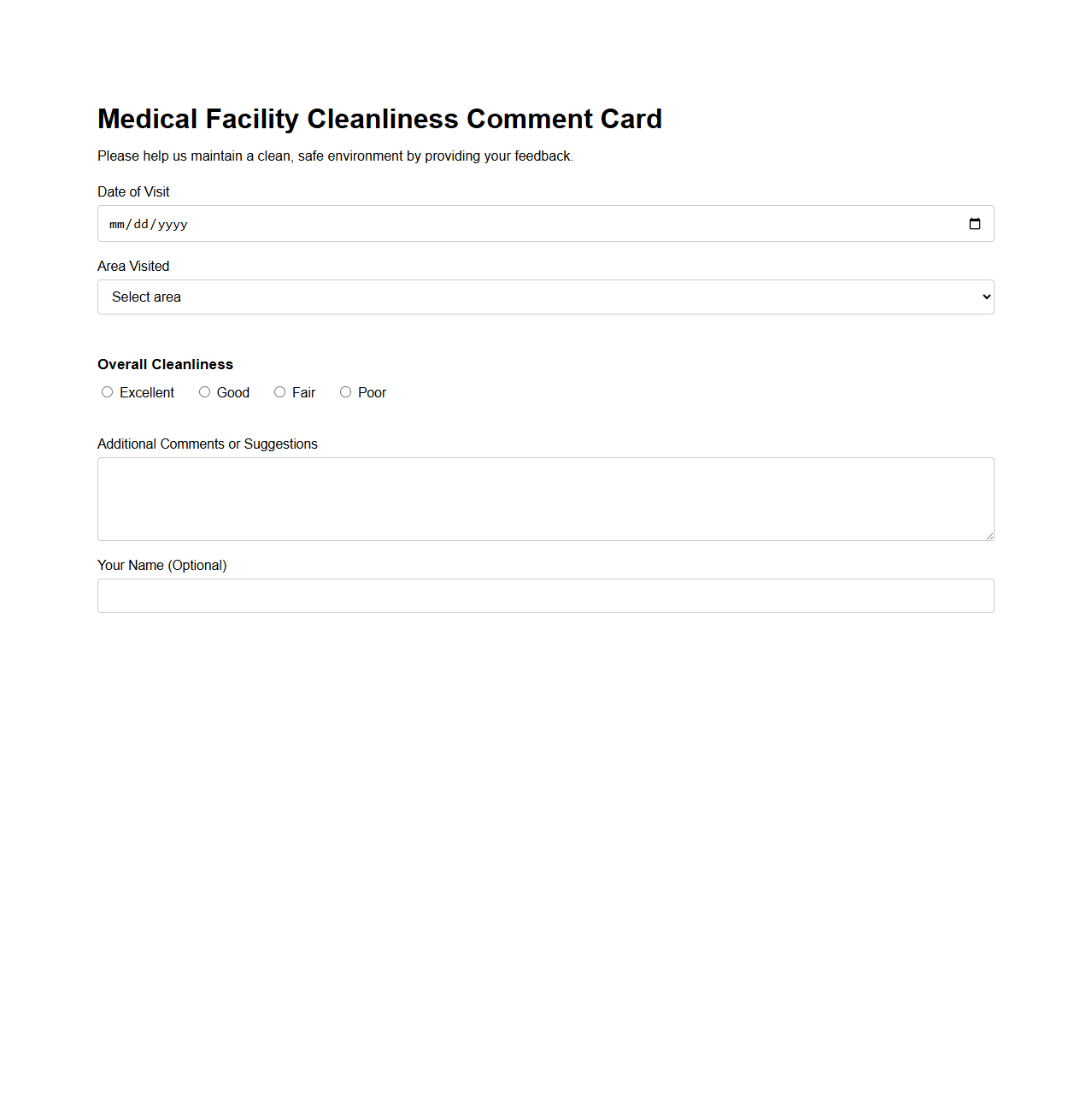 Medical Facility Cleanliness Comment Card