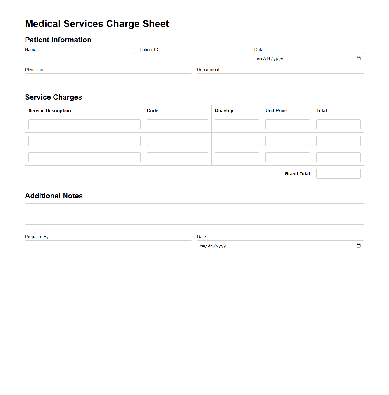 Medical Services Charge Sheet Template