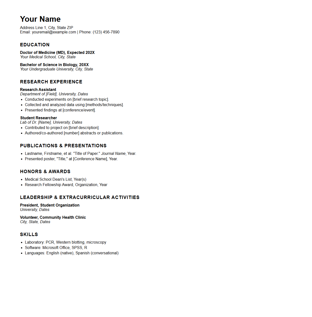 Medical Student Curriculum Vitae Example for Research Opportunities