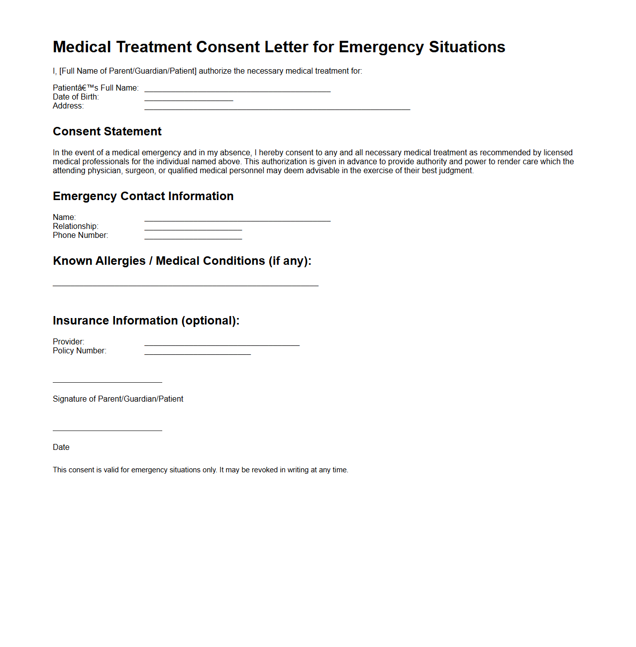 Medical Treatment Consent Letter for Emergency Situations