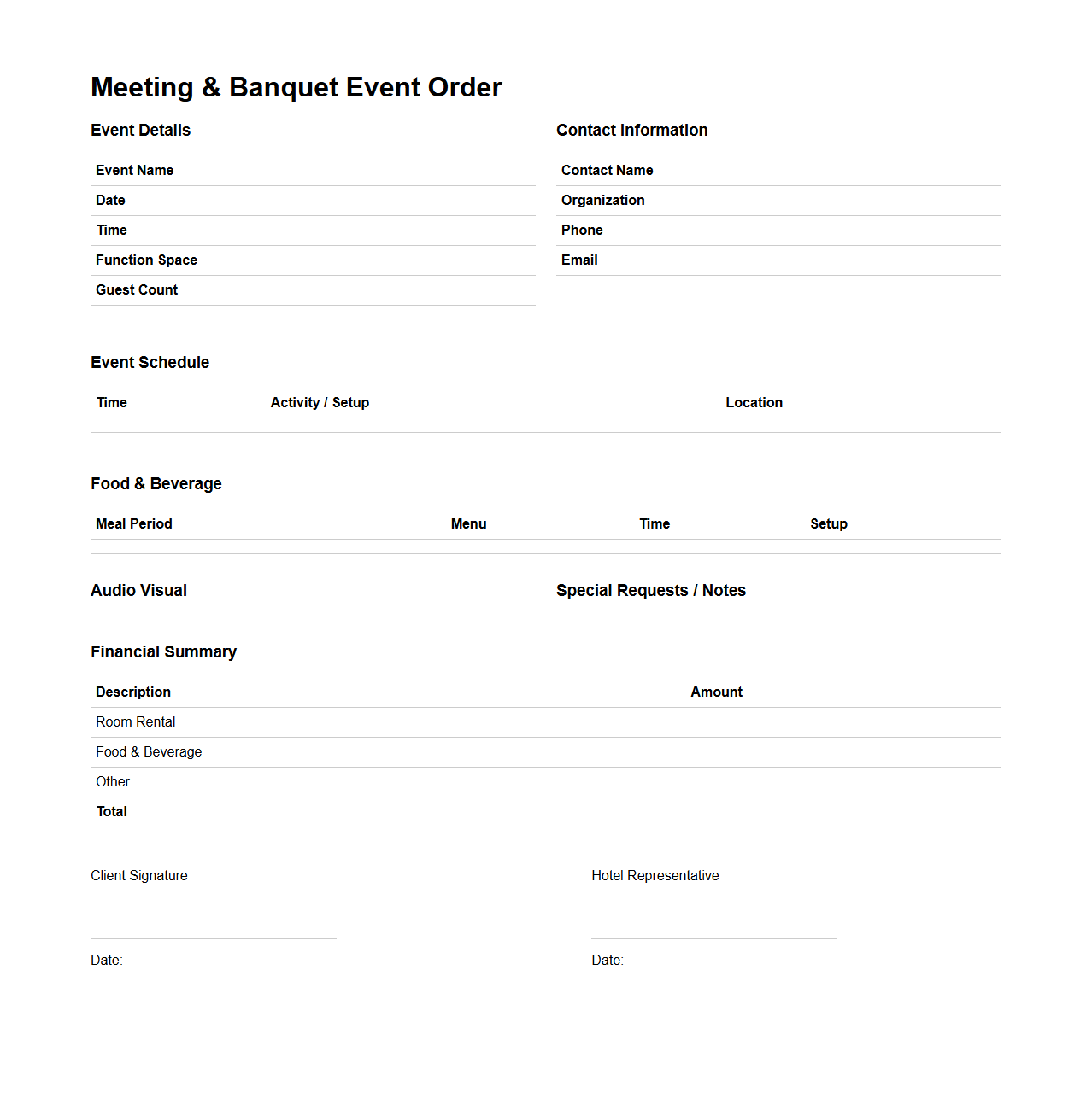 Meeting & Banquet Event Order Layout