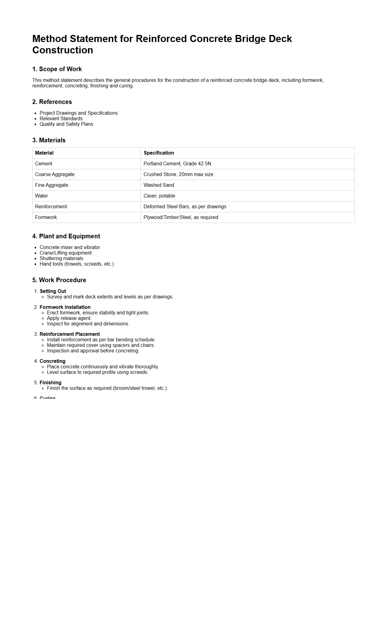 Method Statement for Reinforced Concrete Bridge Deck Construction