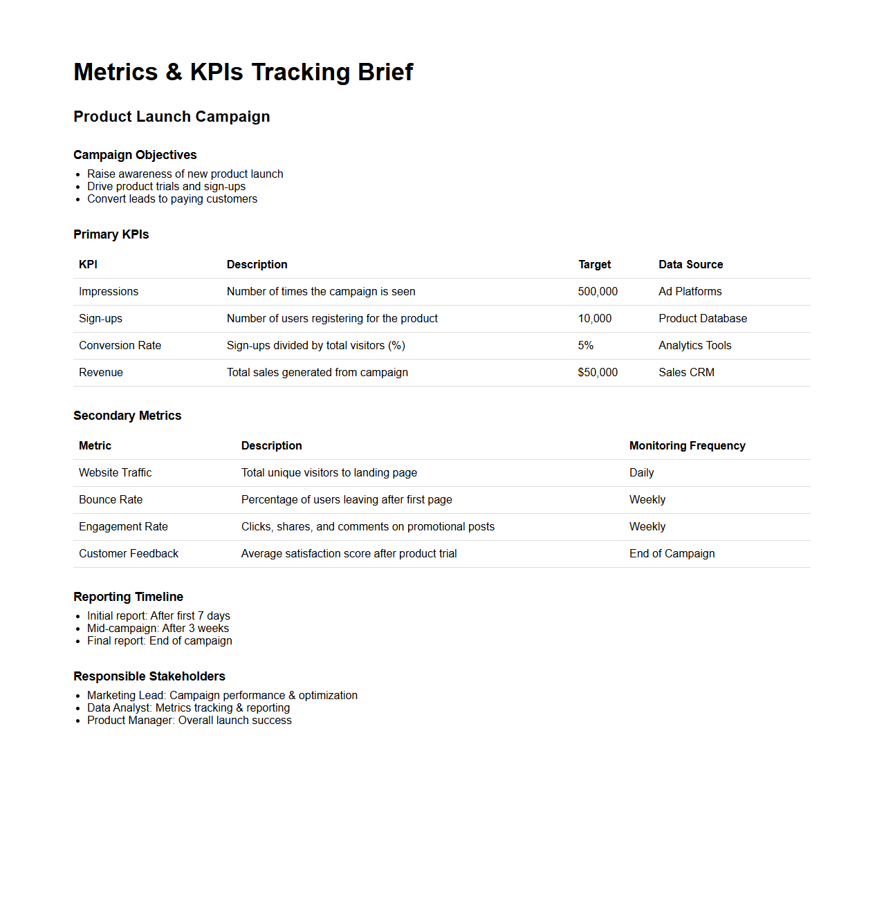 Metrics and KPIs Tracking Brief for Product Launch Campaign