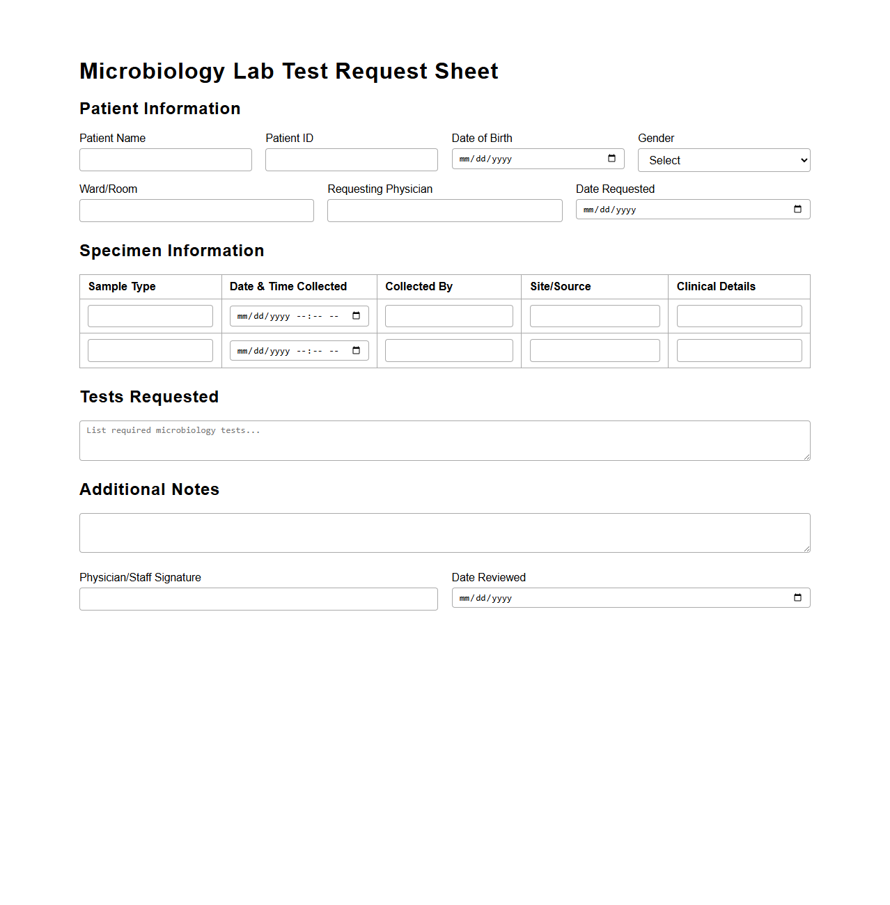Microbiology Lab Test Request Sheet