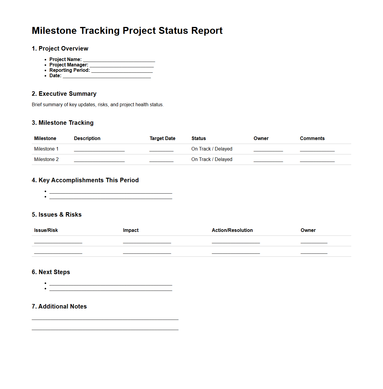 Milestone Tracking Project Status Report Outline