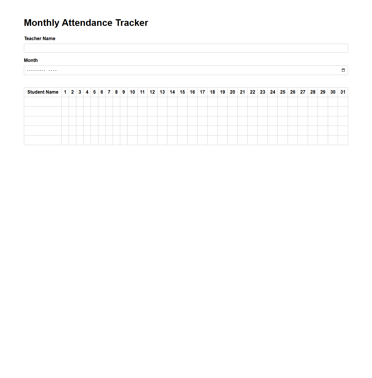 Monthly Attendance Tracker for Teachers