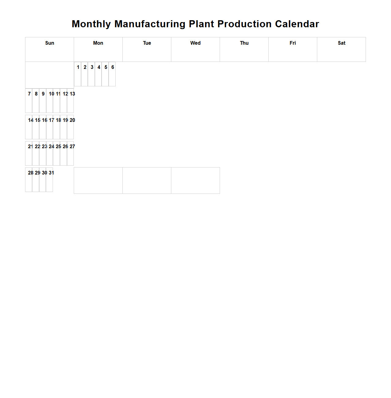 Monthly Manufacturing Plant Production Calendar