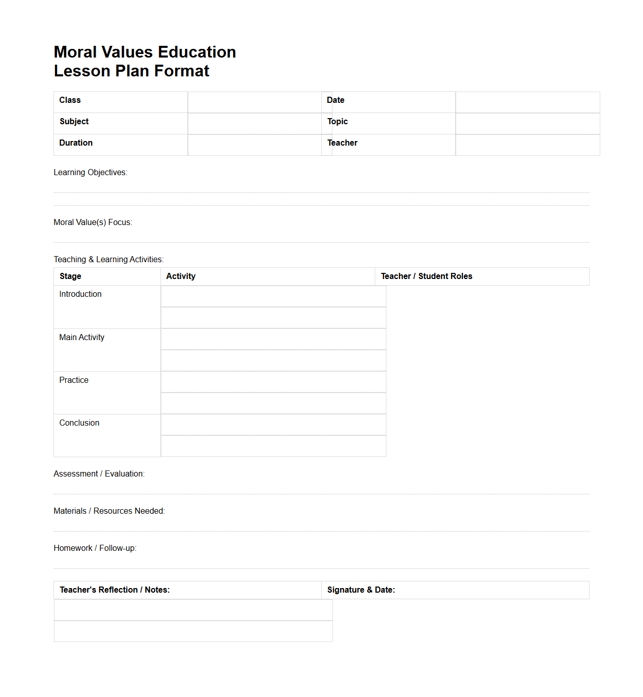 Moral Values Education Lesson Plan Format for Primary Classes
