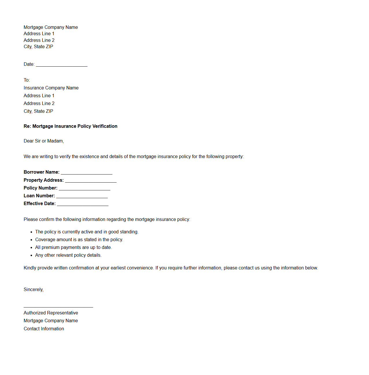 Mortgage Insurance Policy Verification Letter