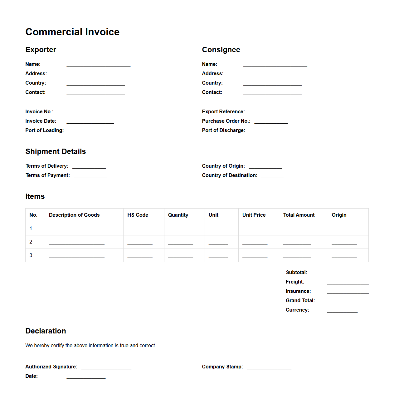 Multi-Item Commercial Invoice for Export Logistics