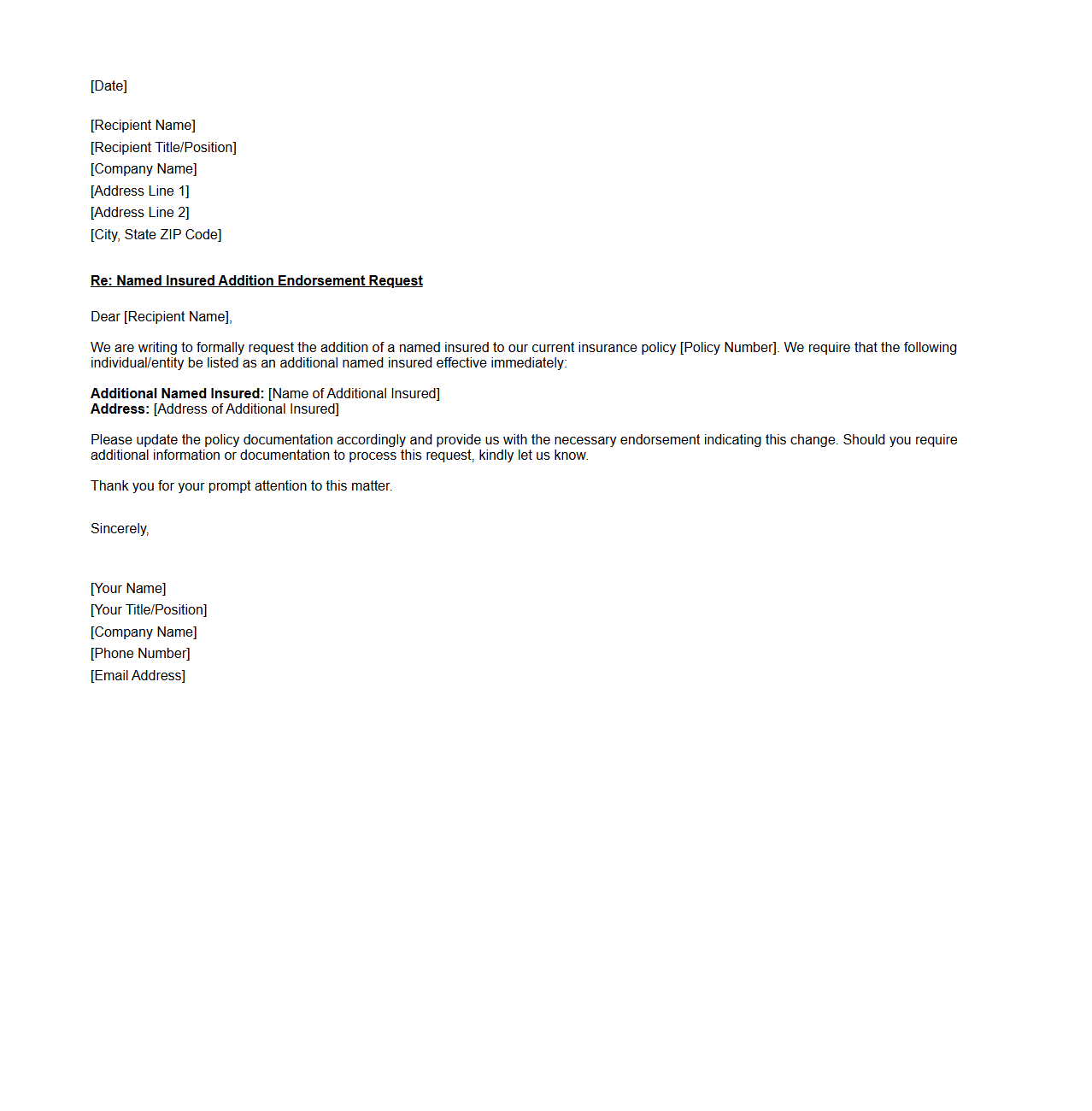 Named Insured Addition Endorsement Sample Letter