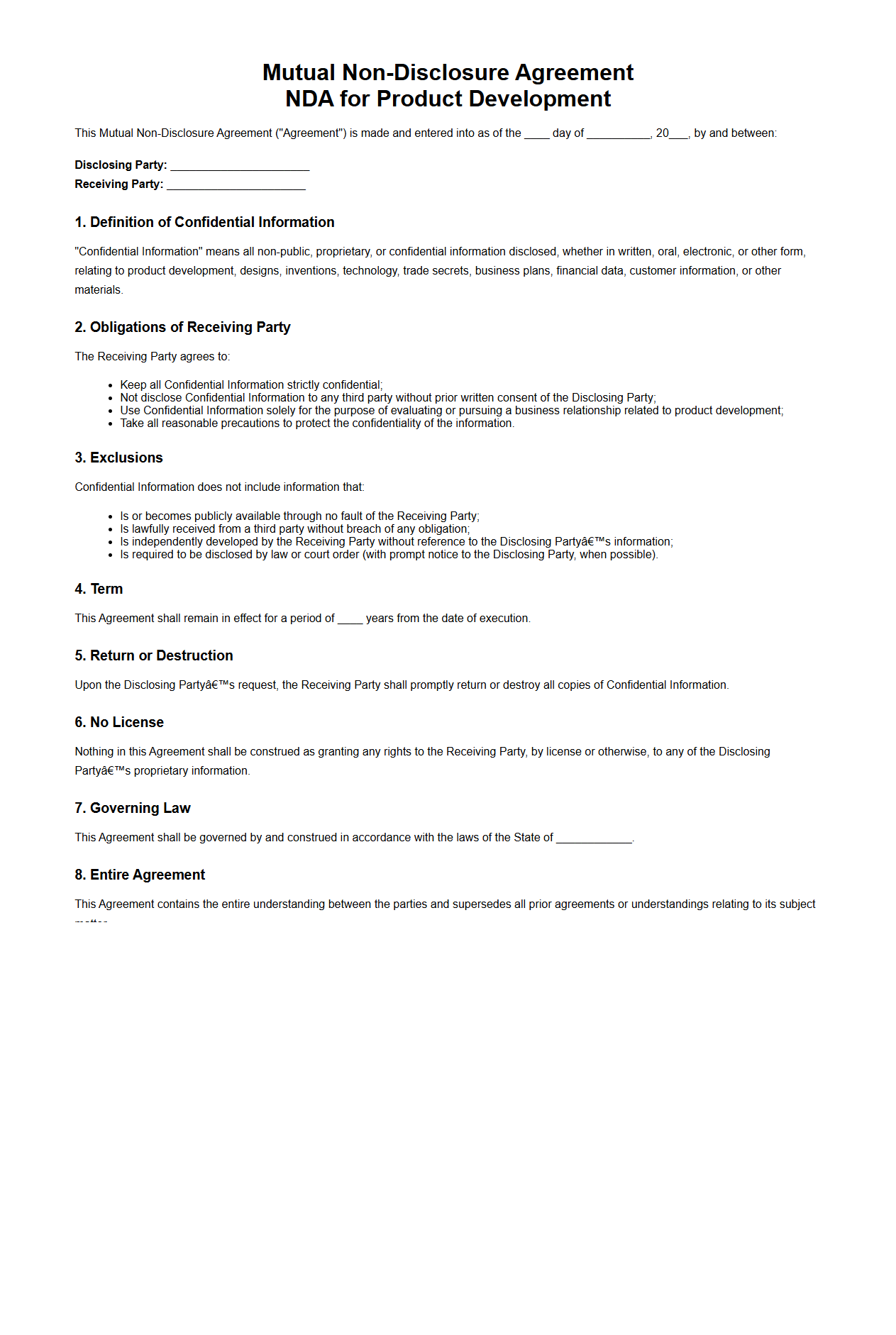 NDA for Product Development Template