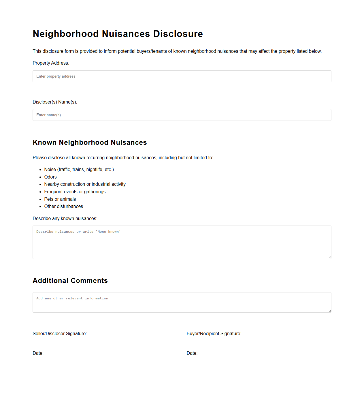 Neighborhood Nuisances Disclosure Sample