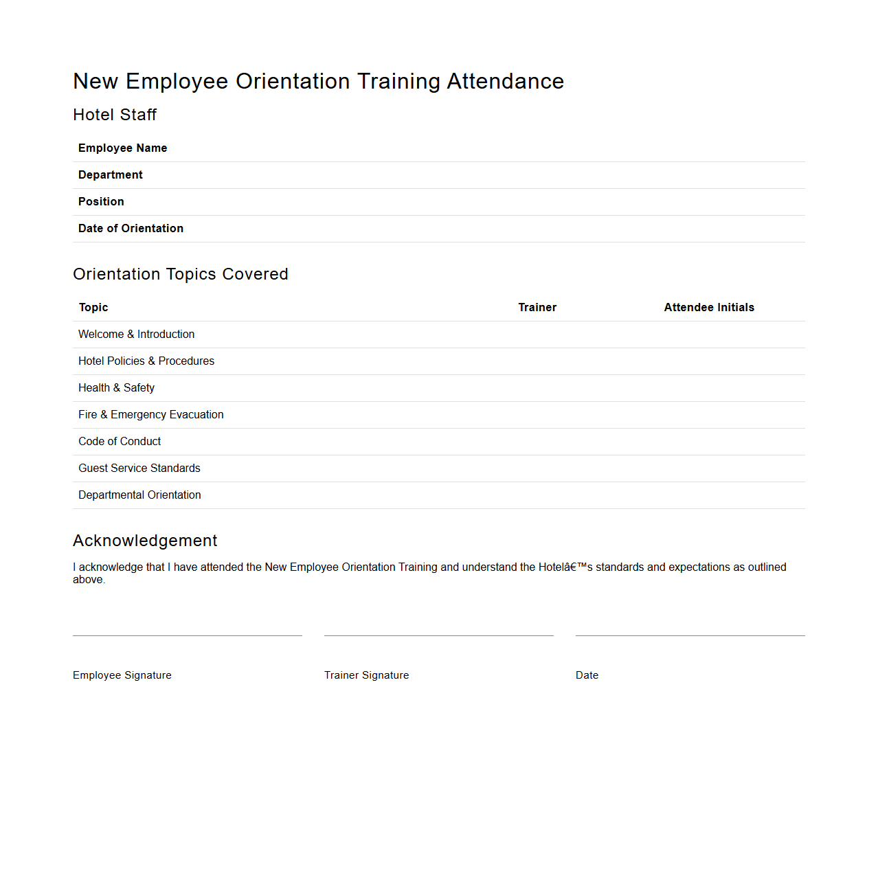 New Employee Orientation Training Attendance for Hotel Staff