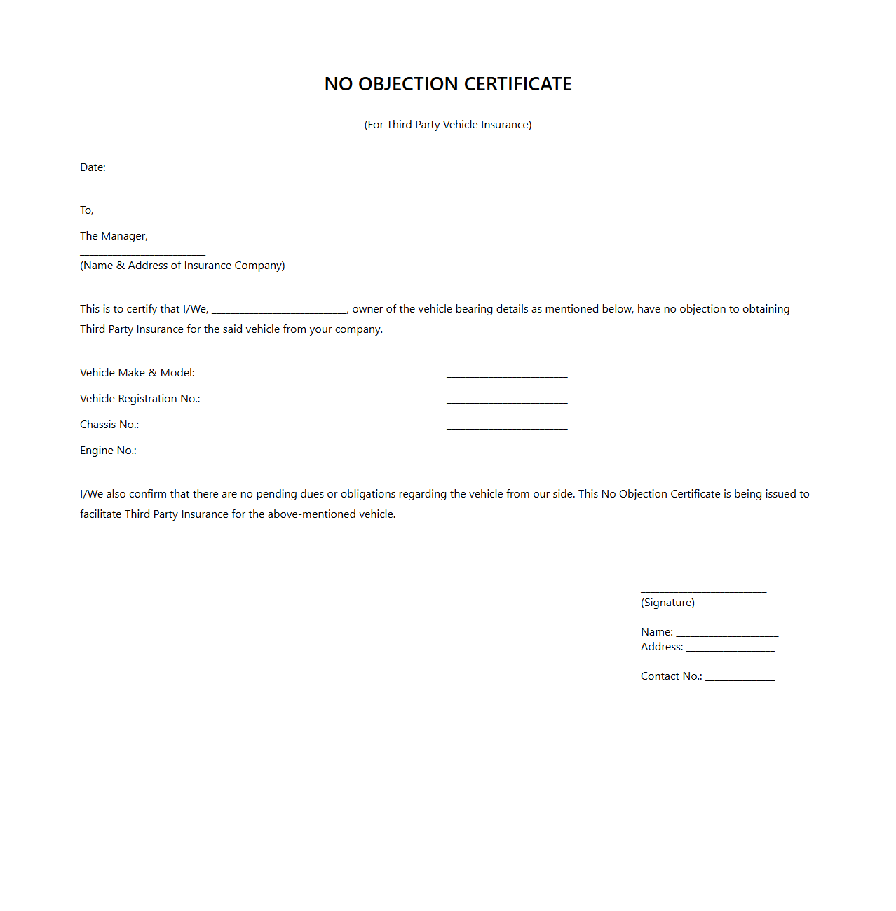 No Objection Certificate Format for Third Party Vehicle Insurance