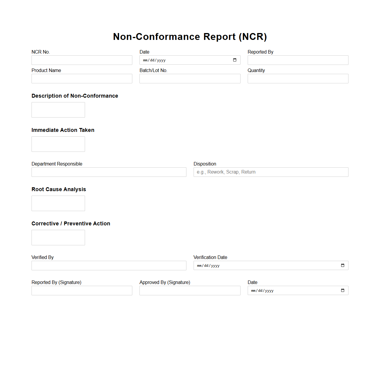 Non-Conformance Report Template for Manufacturing Quality