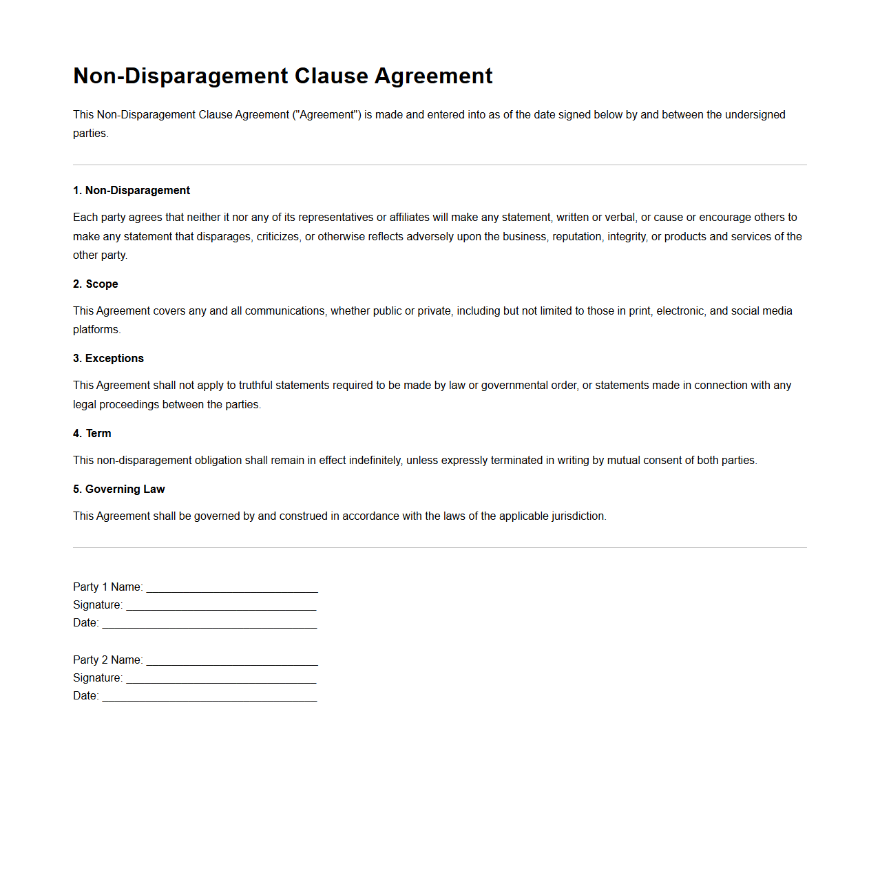 Non-Disparagement Clause Agreement Sample