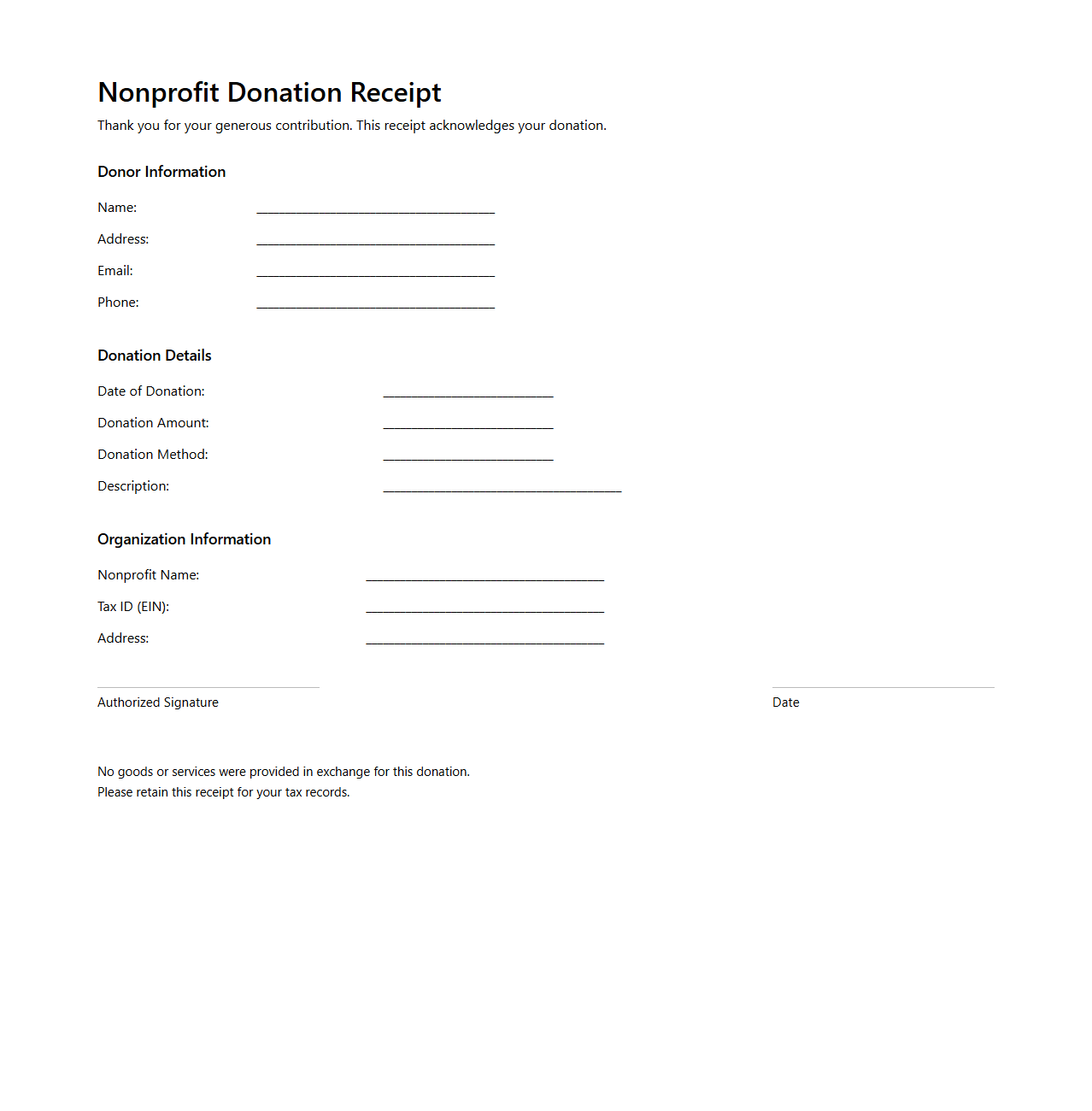 Nonprofit Donation Receipt Sample for Donors