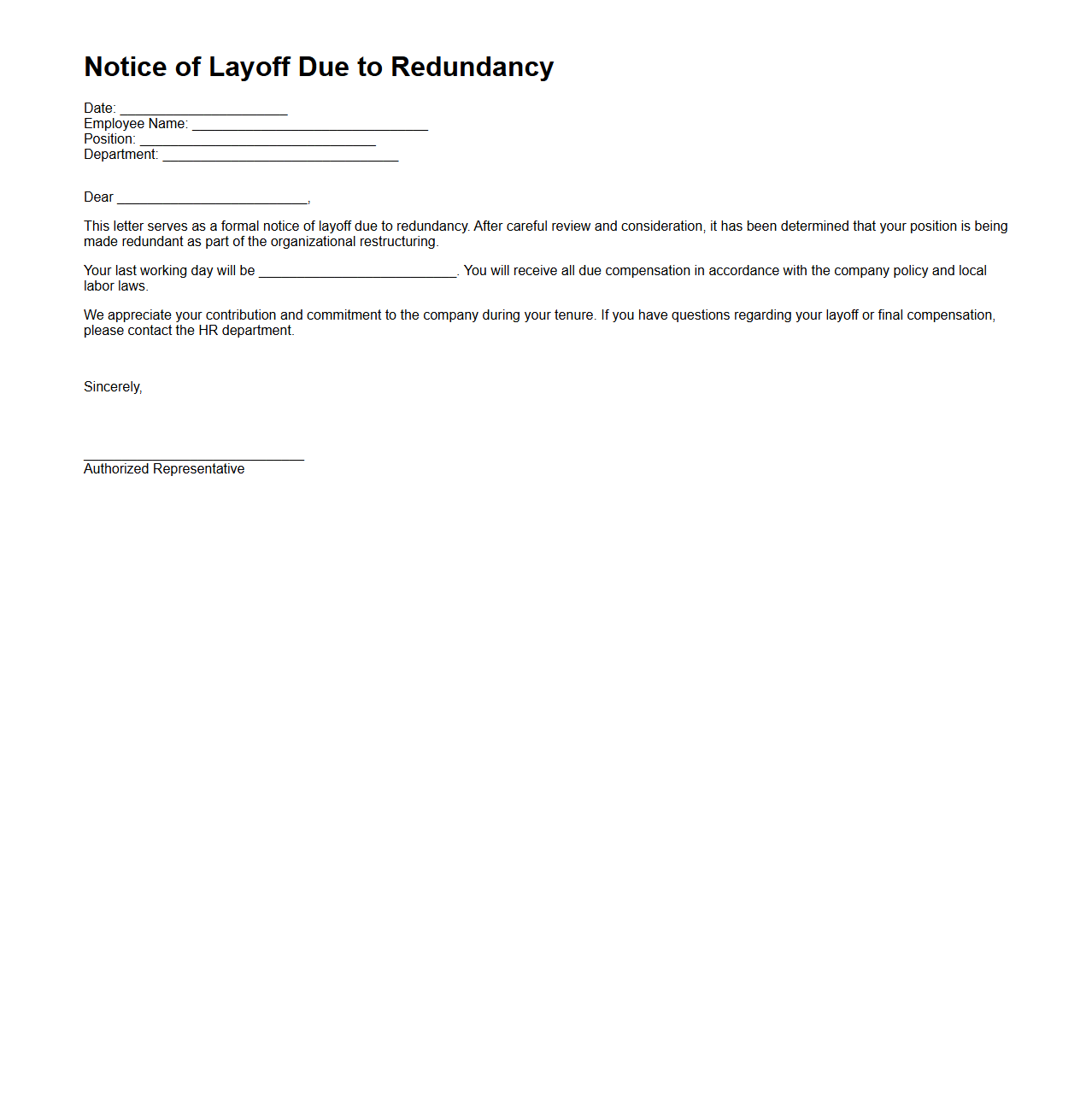 Notice of Layoff Due to Redundancy