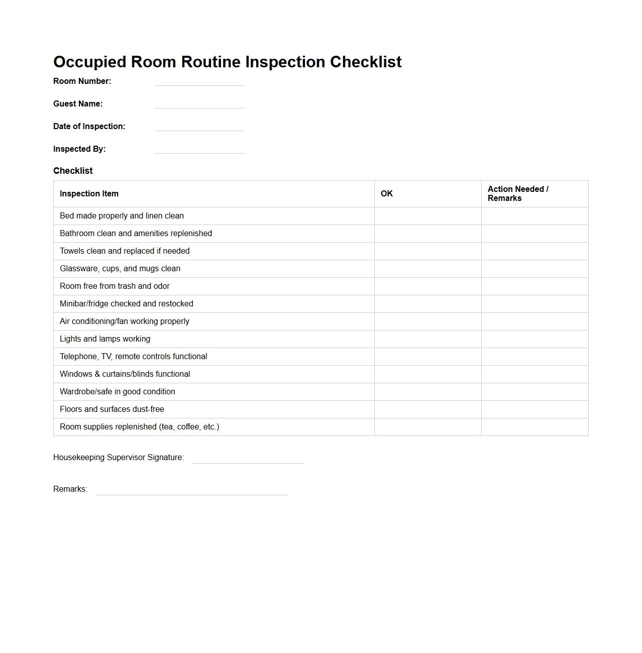Occupied Room Routine Inspection Checklist