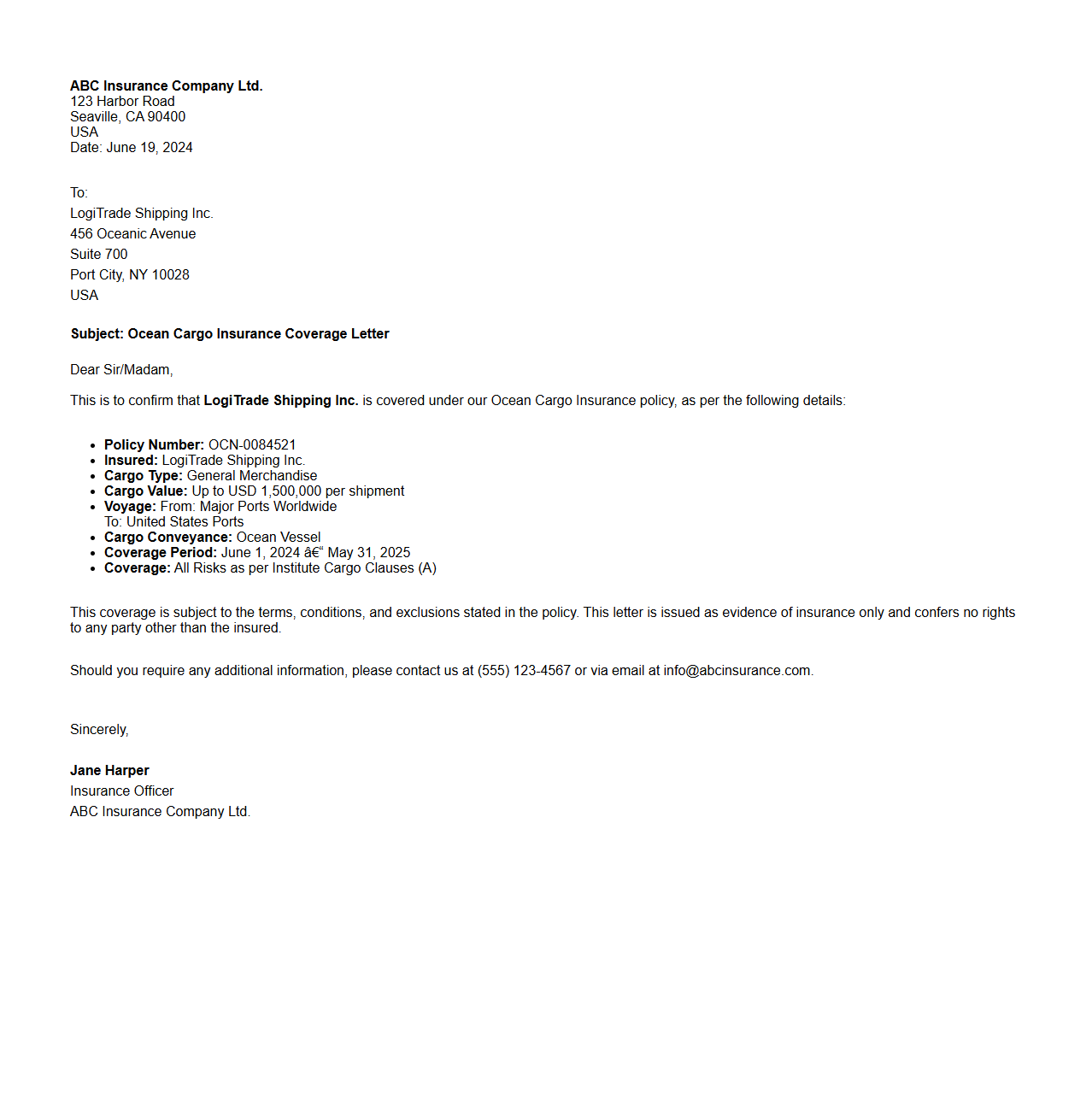 Ocean Cargo Insurance Coverage Letter Example
