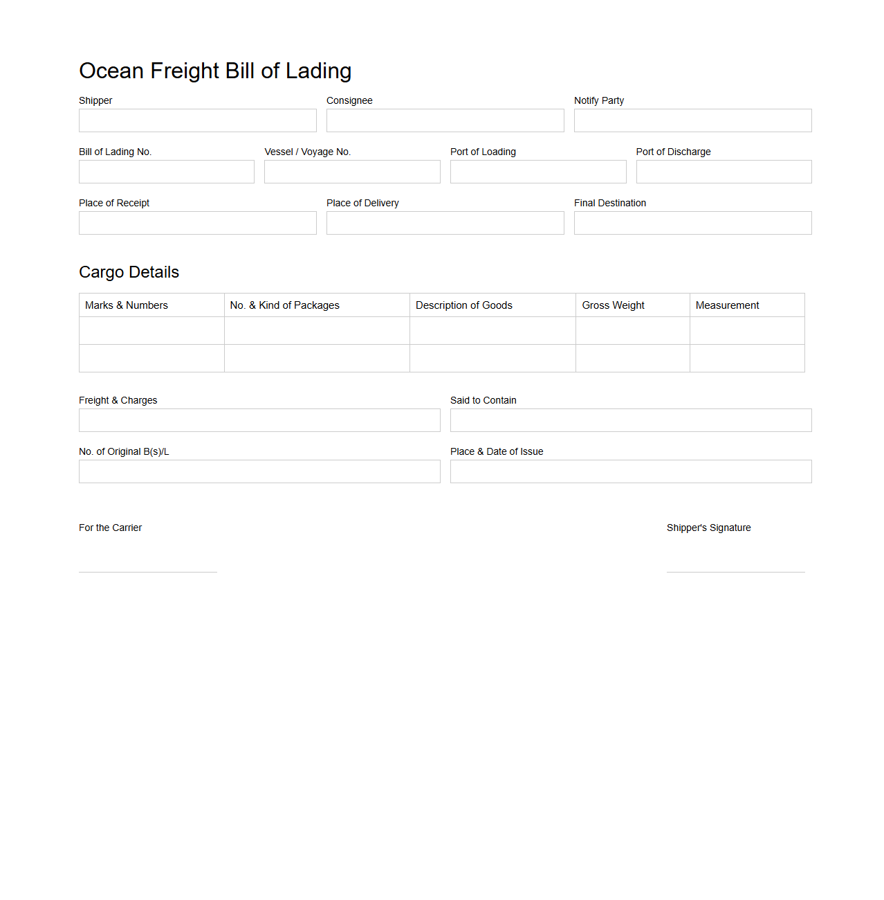 Ocean Freight Bill of Lading Template