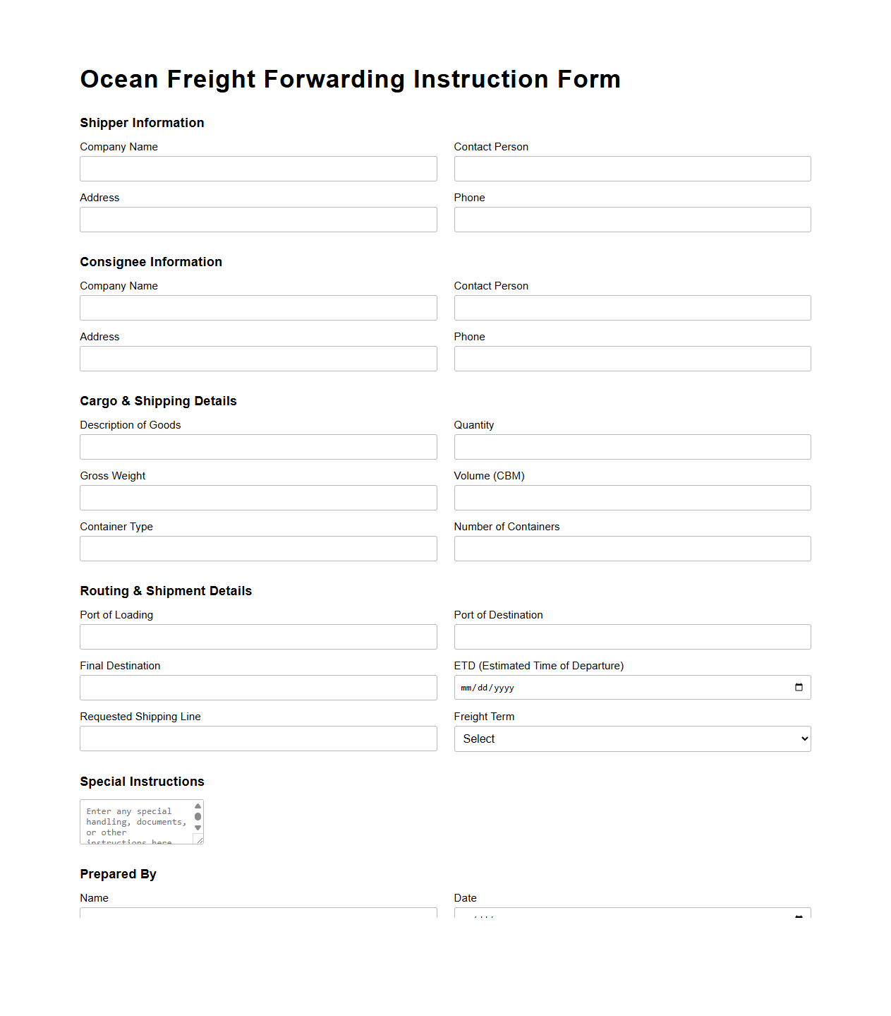 Ocean Freight Forwarding Instruction Form Template