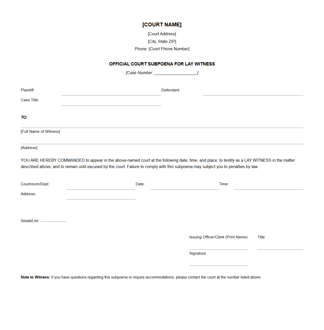 Official Court Subpoena for Lay Witness