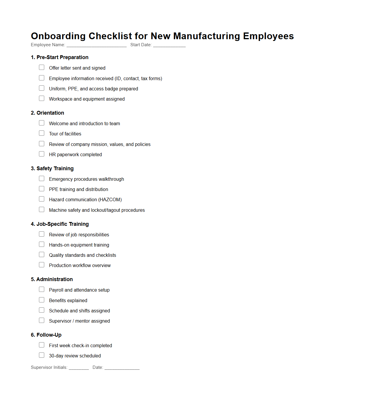 Onboarding Checklist for New Manufacturing Employees