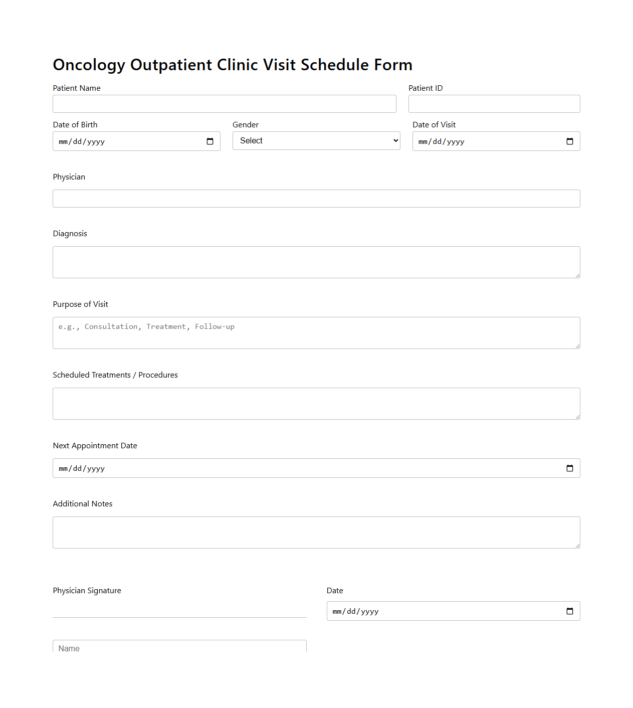 Oncology Outpatient Clinic Visit Schedule Form