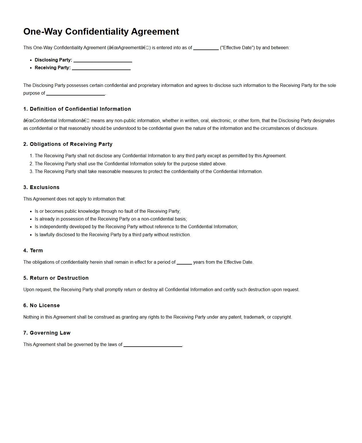 One-Way Confidentiality Agreement Sample