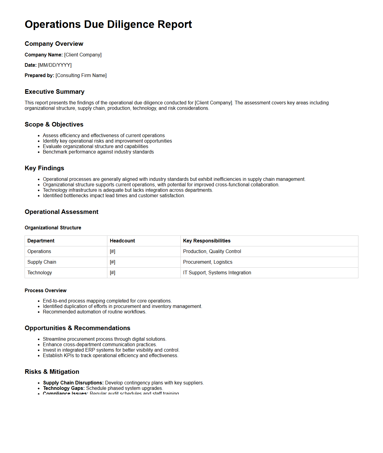 Operations Due Diligence Report Example for Consulting