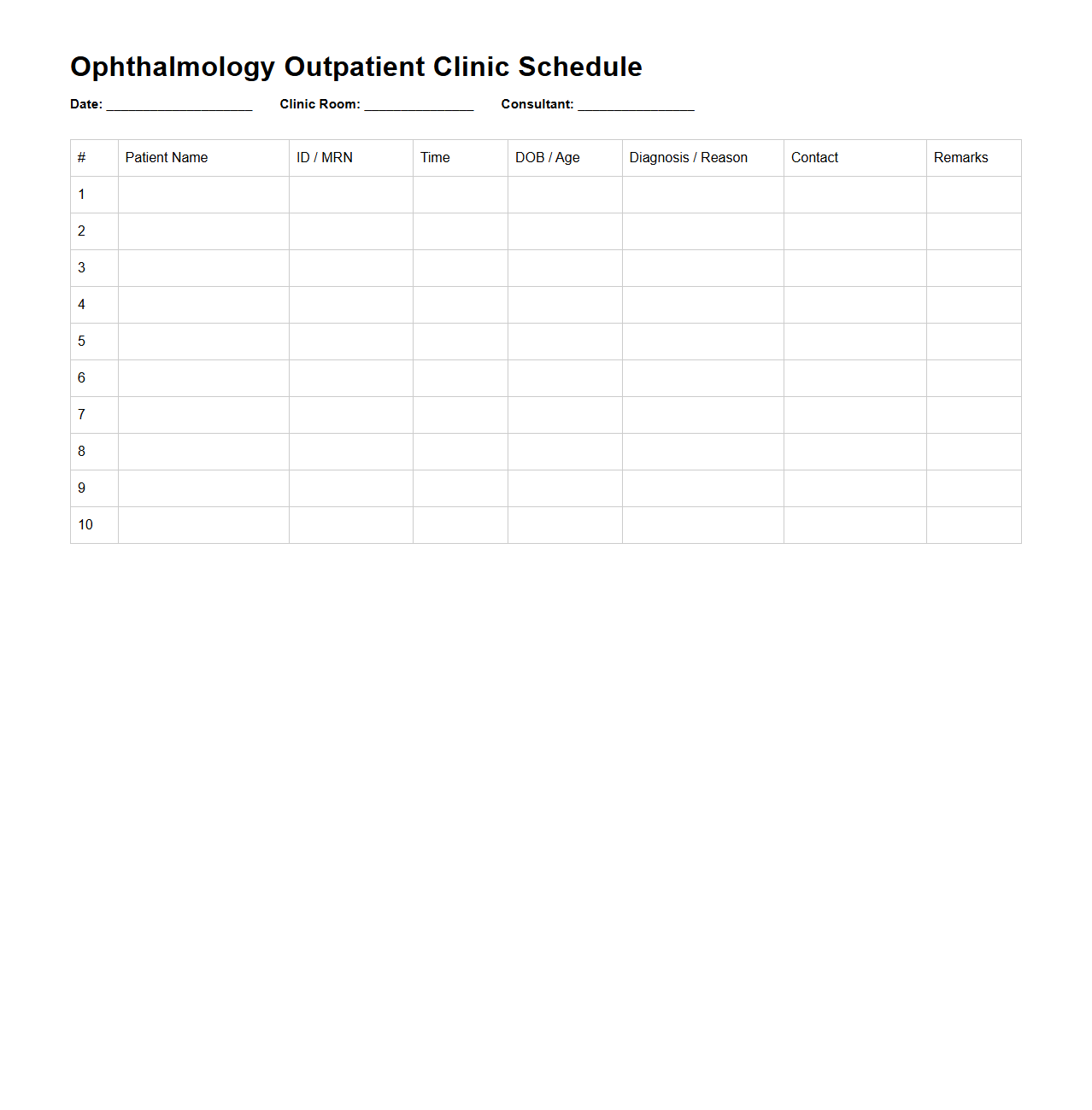 Ophthalmology Outpatient Clinic Scheduling Template