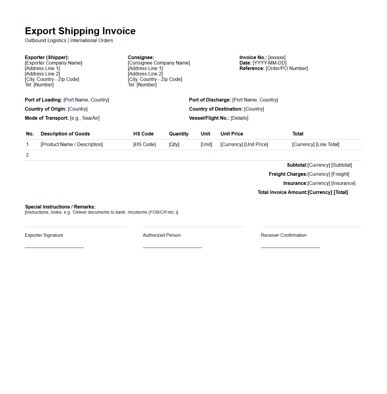 Outbound Logistics Export Shipping Invoice Template for International Orders