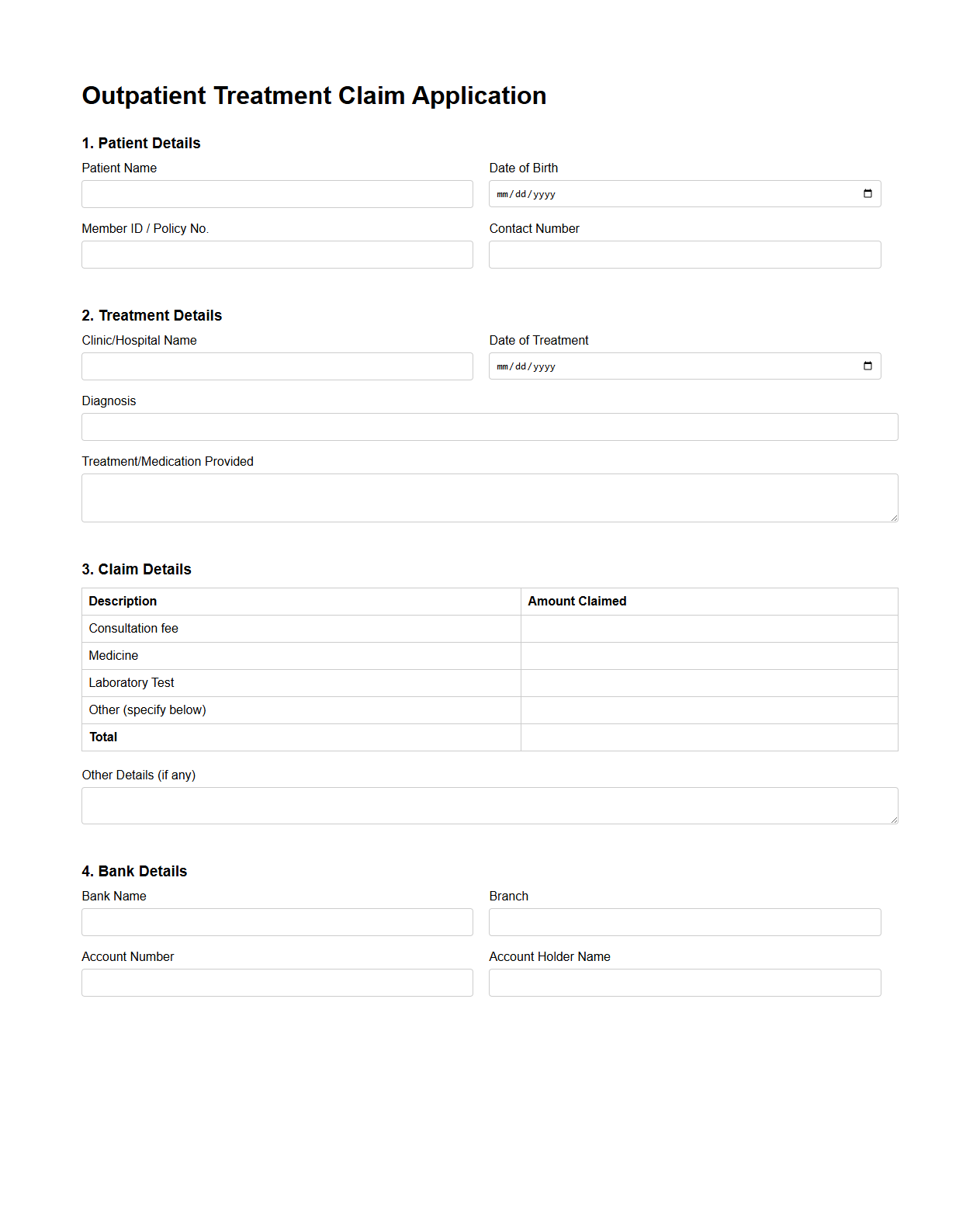 Outpatient Treatment Claim Application Sample