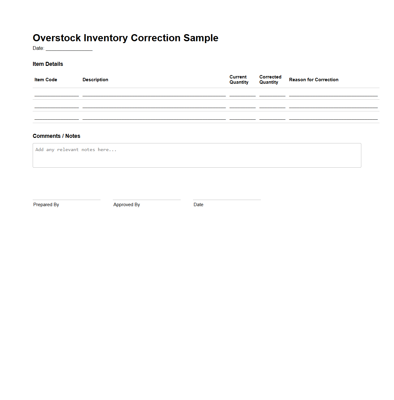Overstock Inventory Correction Sample