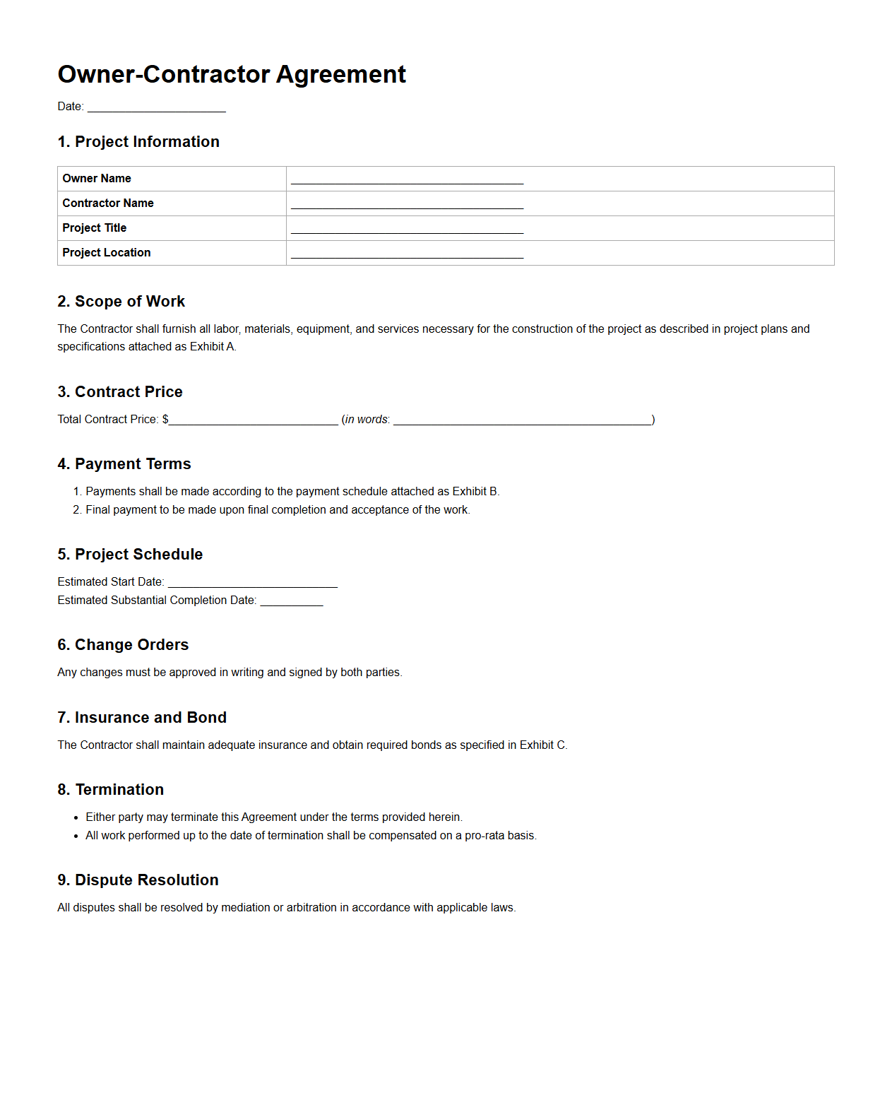 Owner-Contractor Agreement Example for Large-Scale Projects