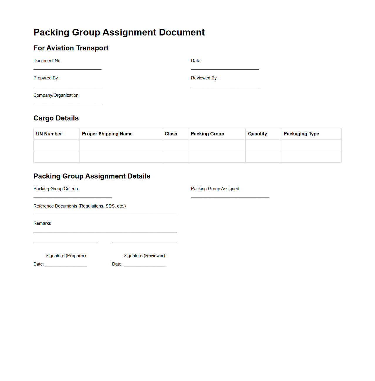 Packing Group Assignment Document for Aviation
