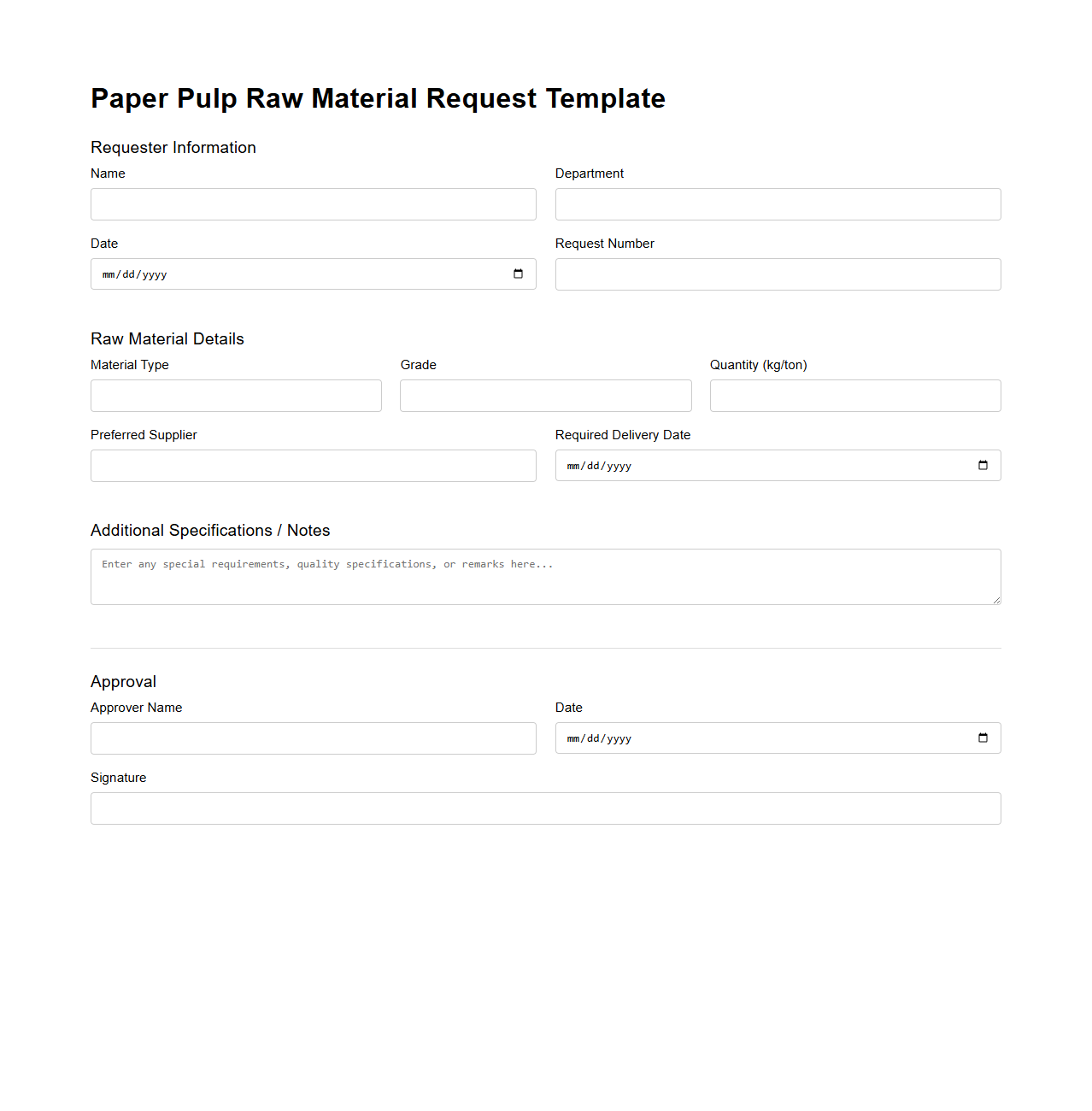 Paper Pulp Raw Material Request Template