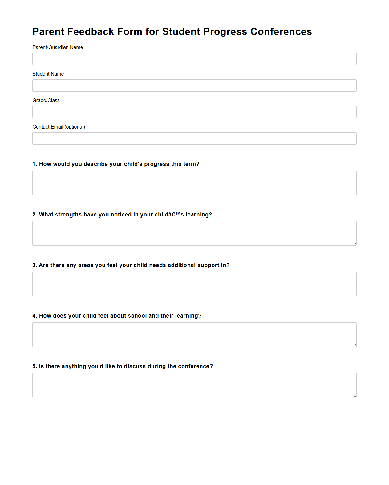Parent Feedback Form for Student Progress Conferences
