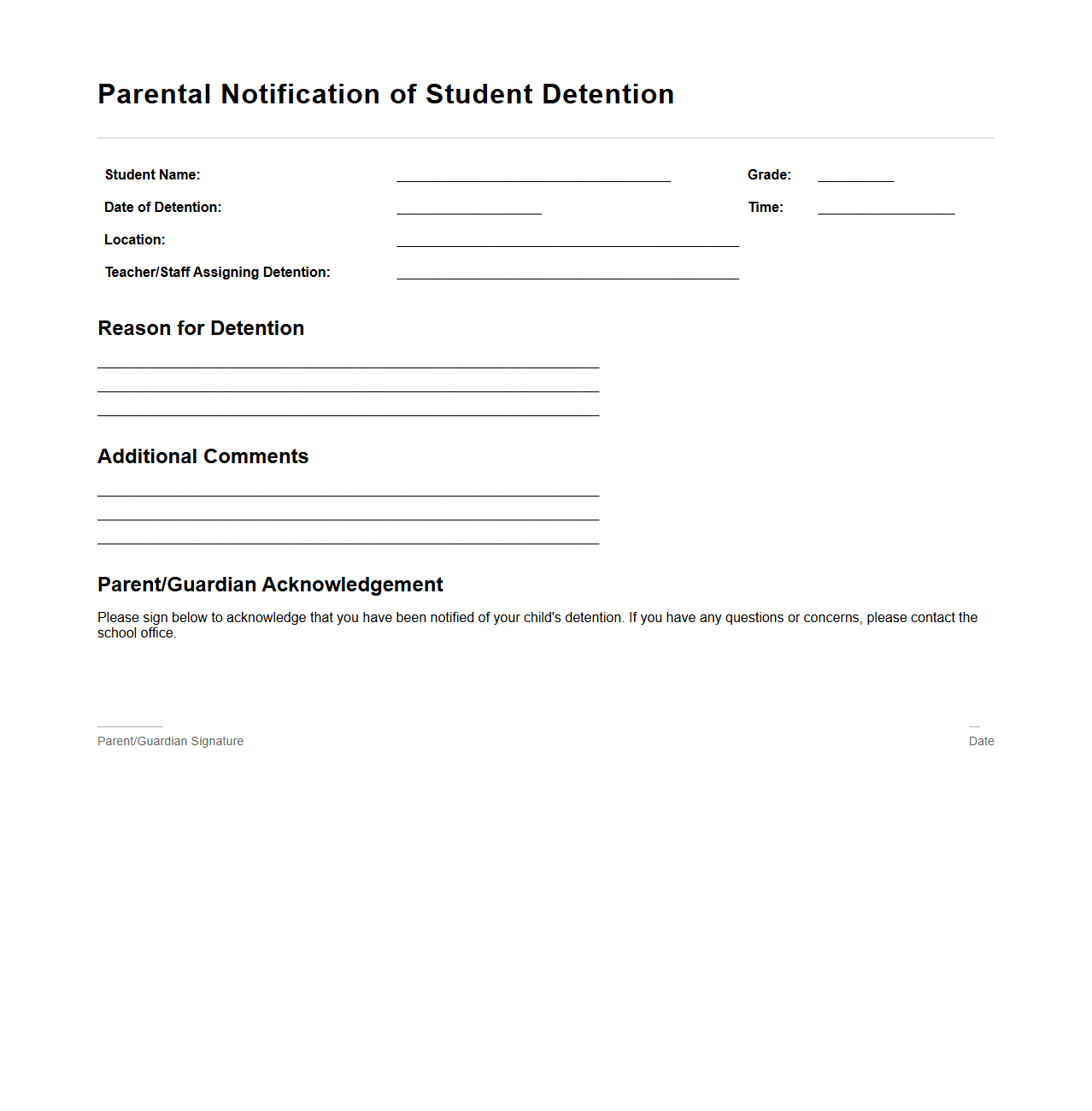 Parental Notification of Student Detention Document